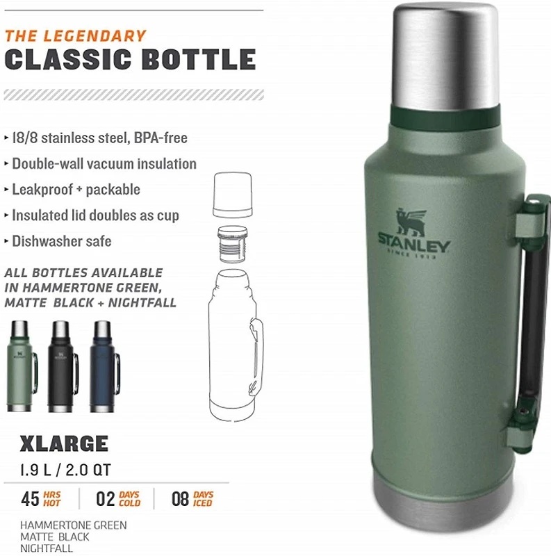فلاسک استنلی 1.9 لیتری مدل Stanley Classic Legendary Bottle | اورجینال، عایق خلأ، حفظ دما تا 45 ساعت