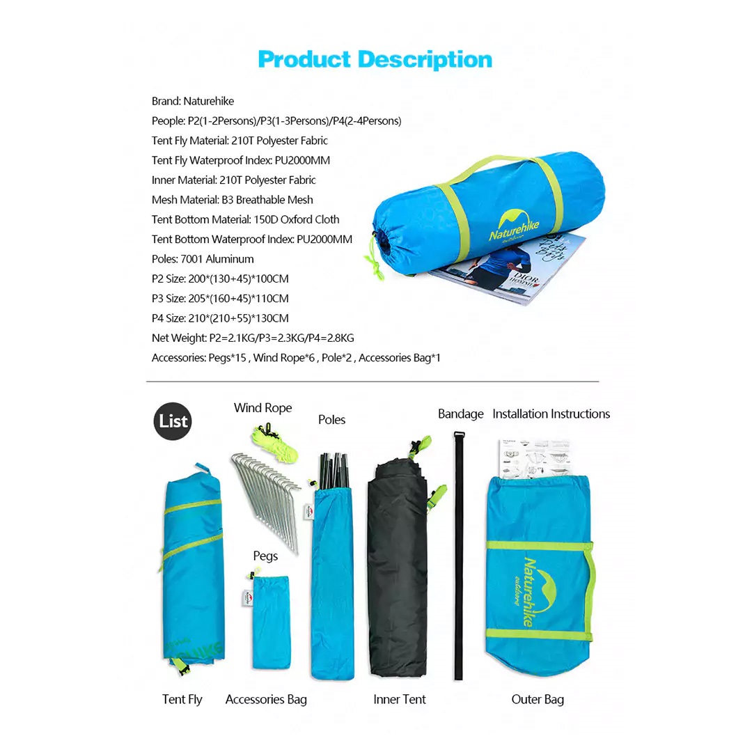 چادر کوهنوردی 3 نفره نیچرهایک مدل Naturehike NH18Z033-P | سبک، ضدآب و انتخابی ایده‌آل برای کمپینگ و کوهنوردی
